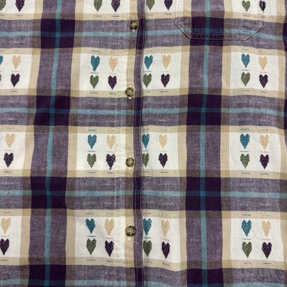 Vtg Cottagecore Heart Plaid Short Sleeve Button Up Grandma Teacher Purple Large - Picture 2 of 7
